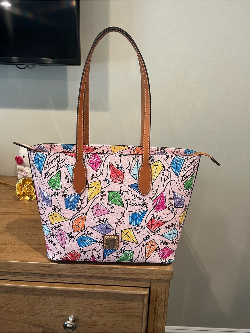 Dooney & Bourke Pink Multicolor Kite Print Tote with Tan Straps